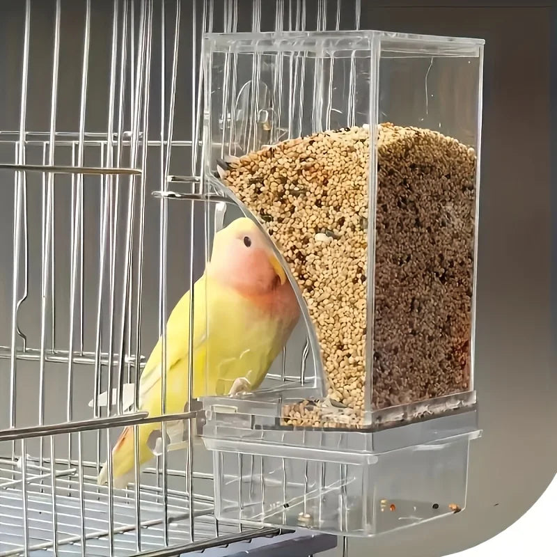 Transparent Acrylic Bird Feeder, Spill-Proof Seed Dispenser.