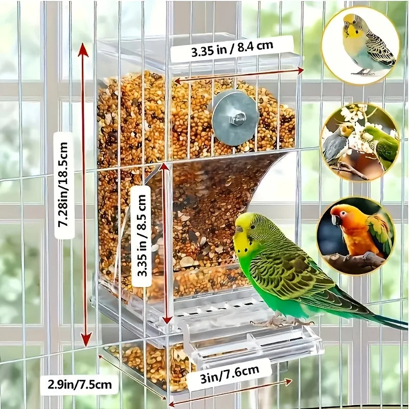 Transparent Acrylic Bird Feeder, Spill-Proof Seed Dispenser.