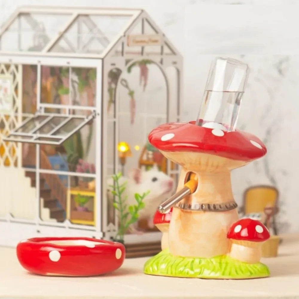 Mushroom Ceramic Hamster Hideout Water bottle.