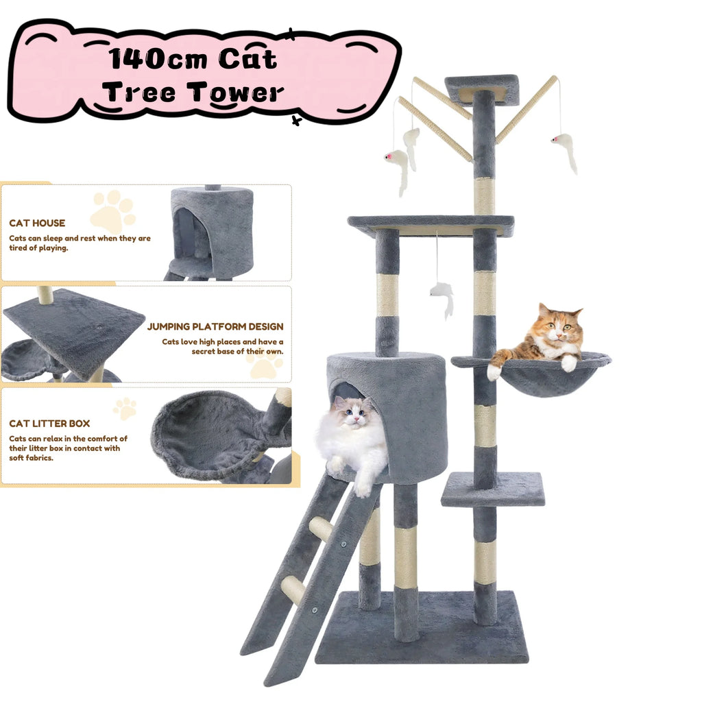 140cm Cat Tree Tower Scratching Posts Multilevel for climbing and playing.