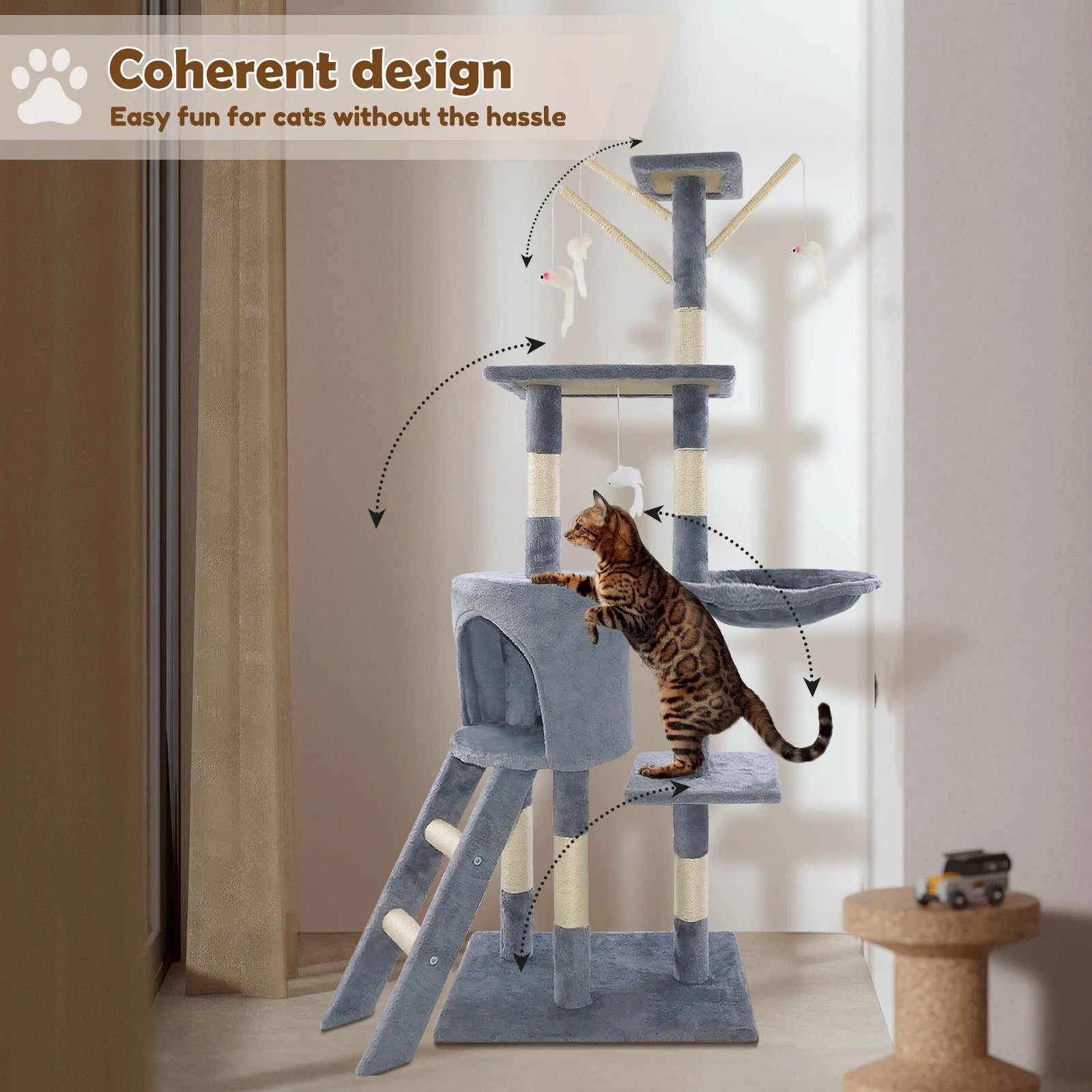 140cm Cat Tree Tower Scratching Posts Multilevel for climbing and playing.