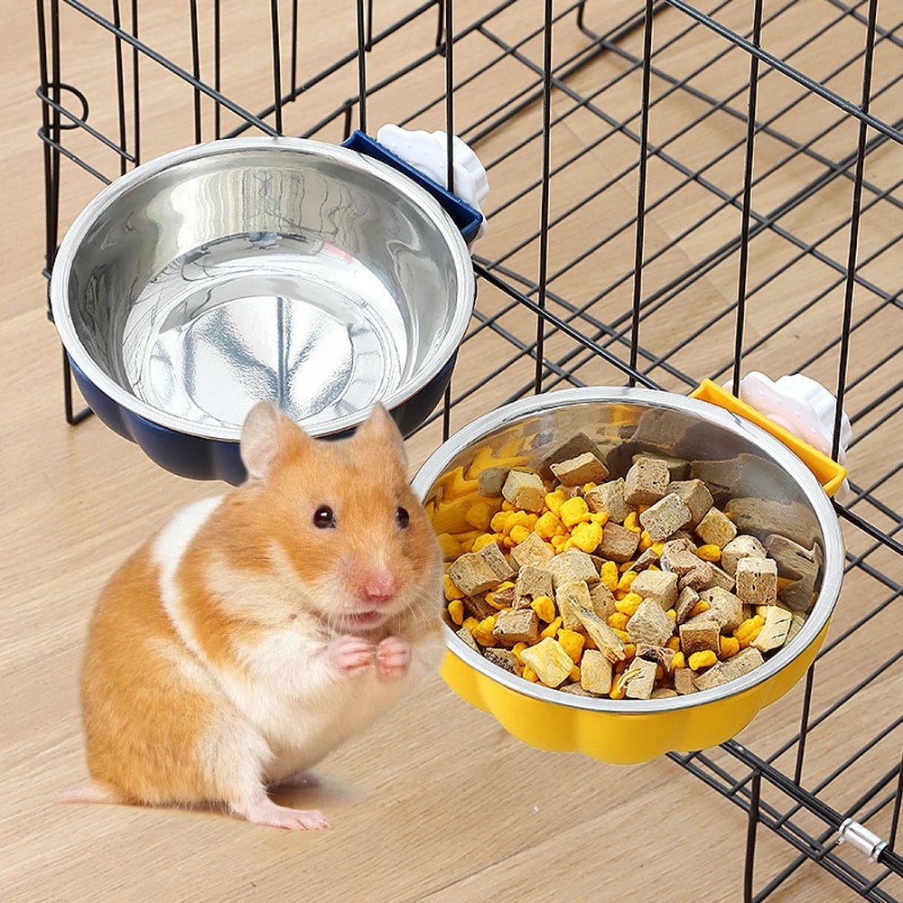 Hanging food and water bowls for small pets.