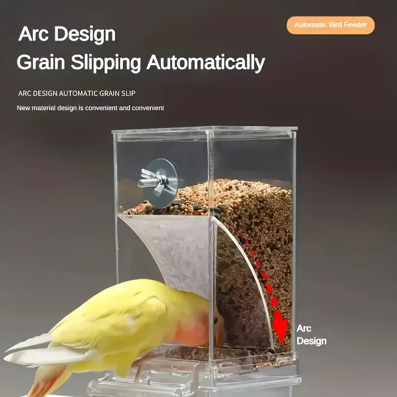 Transparent Acrylic Bird Feeder, Spill-Proof Seed Dispenser.