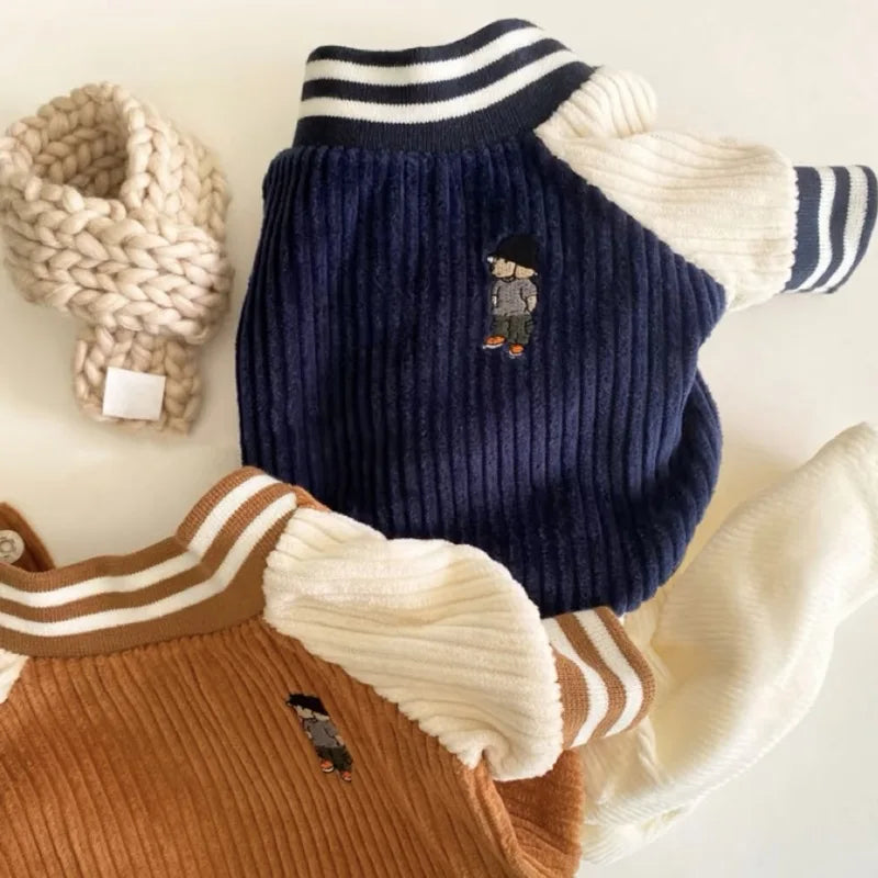 Baseball jacket style dog coat.