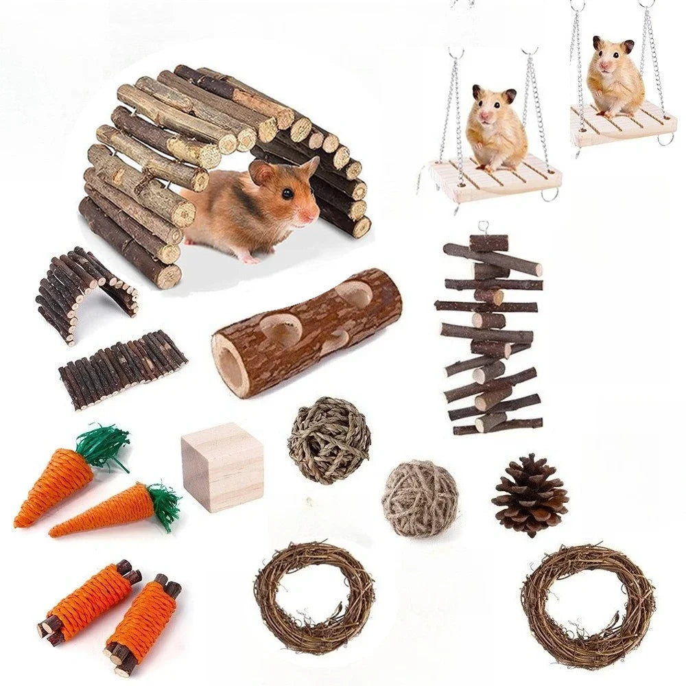 Small pet chew, climb and hide wooden toys.