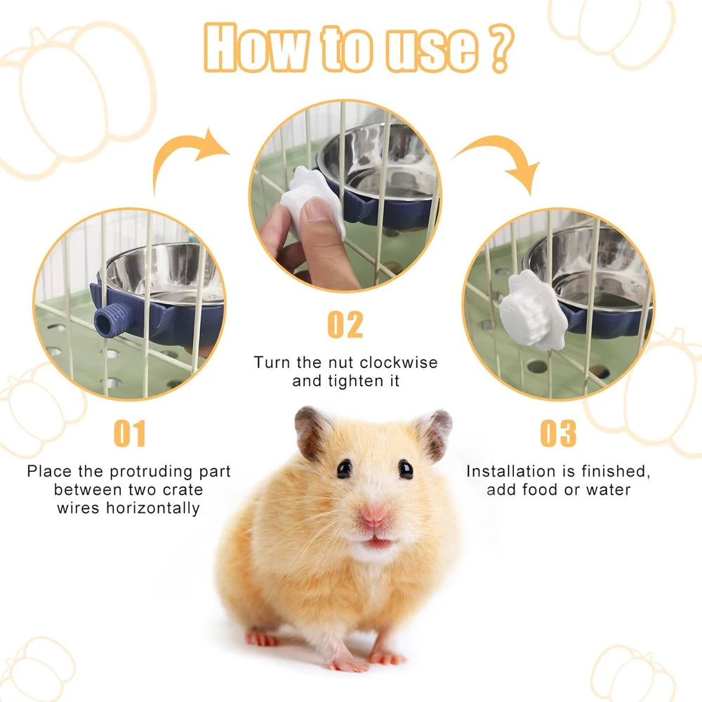 Hanging food and water bowls for small pets.