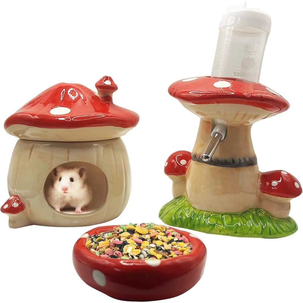 Mushroom Ceramic Hamster Hideout Water bottle.